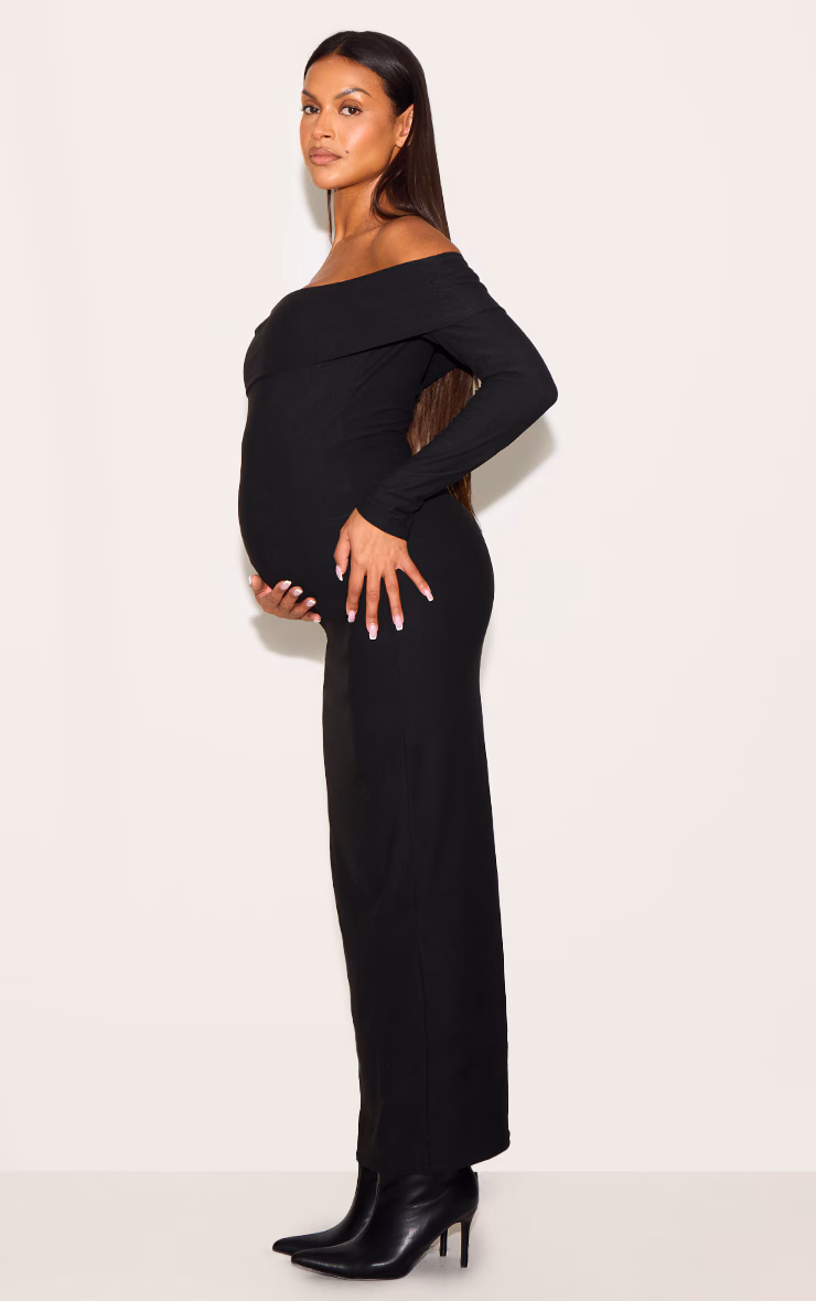 Maternity Black Soft Touch Fold Over Bardot Maxi Dress