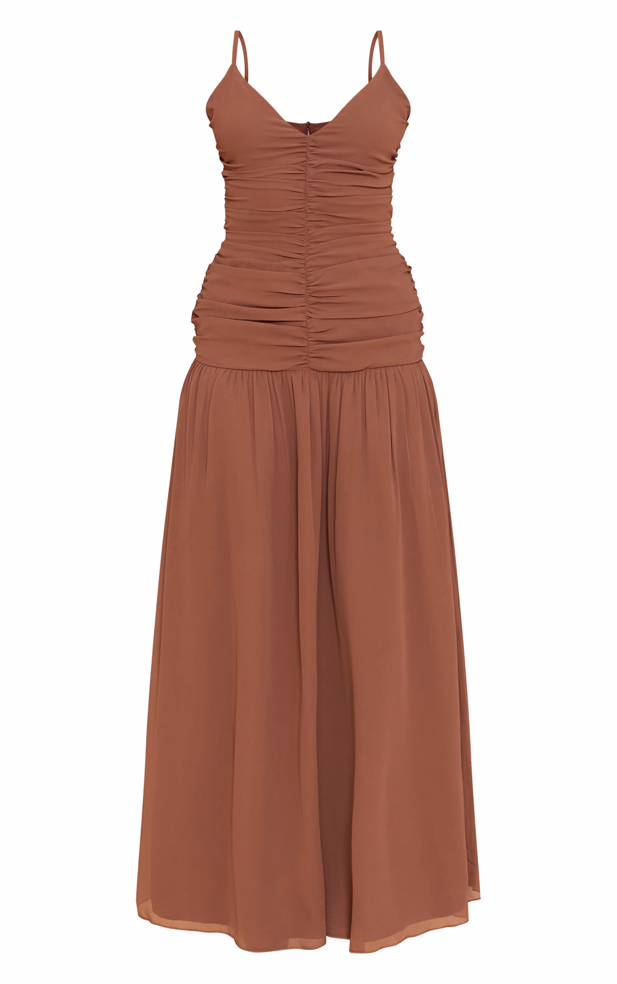 Chocolate Chiffon Ruched Dropped Waist Maxi Dress