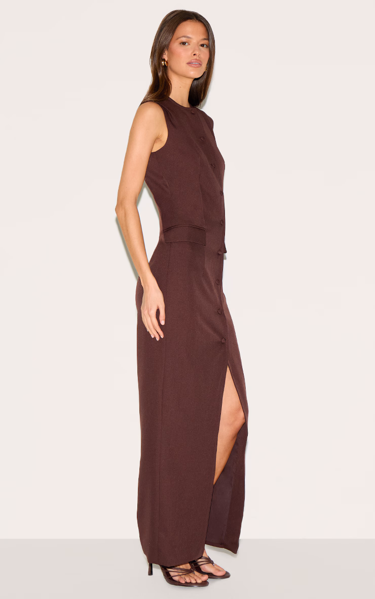 Deep Chocolate Woven Button Maxi Dress