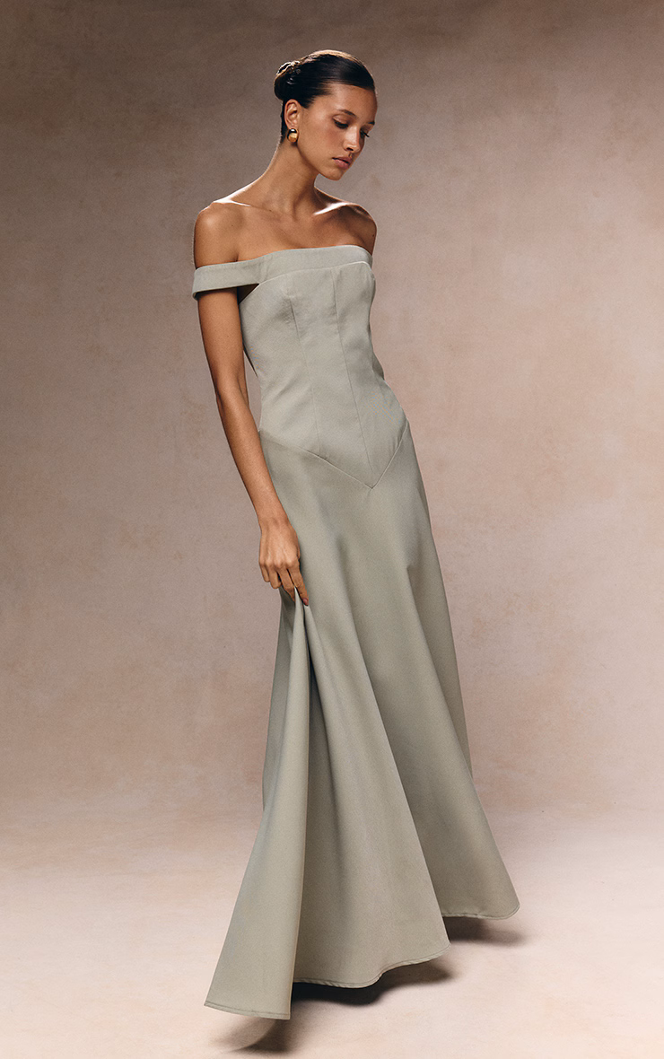 Sage Green Structured Bardot V Waist Maxi Dress