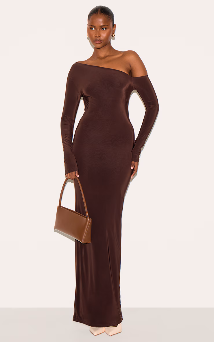 Deep Chocolate Double Slinky Asymmetric Neckline Maxi Dress