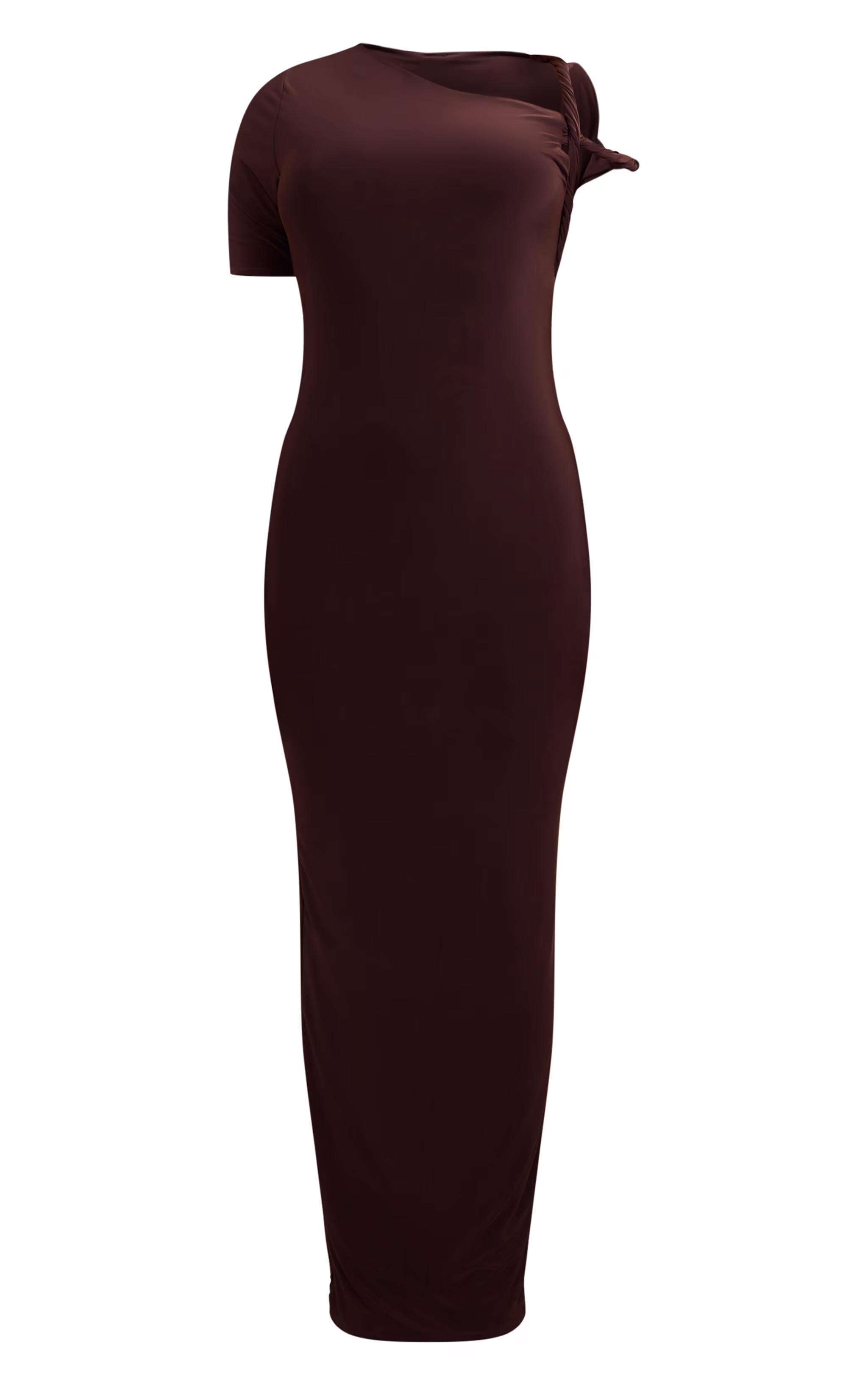 Chocolate Slinky Twist Shoulder Midaxi Dress