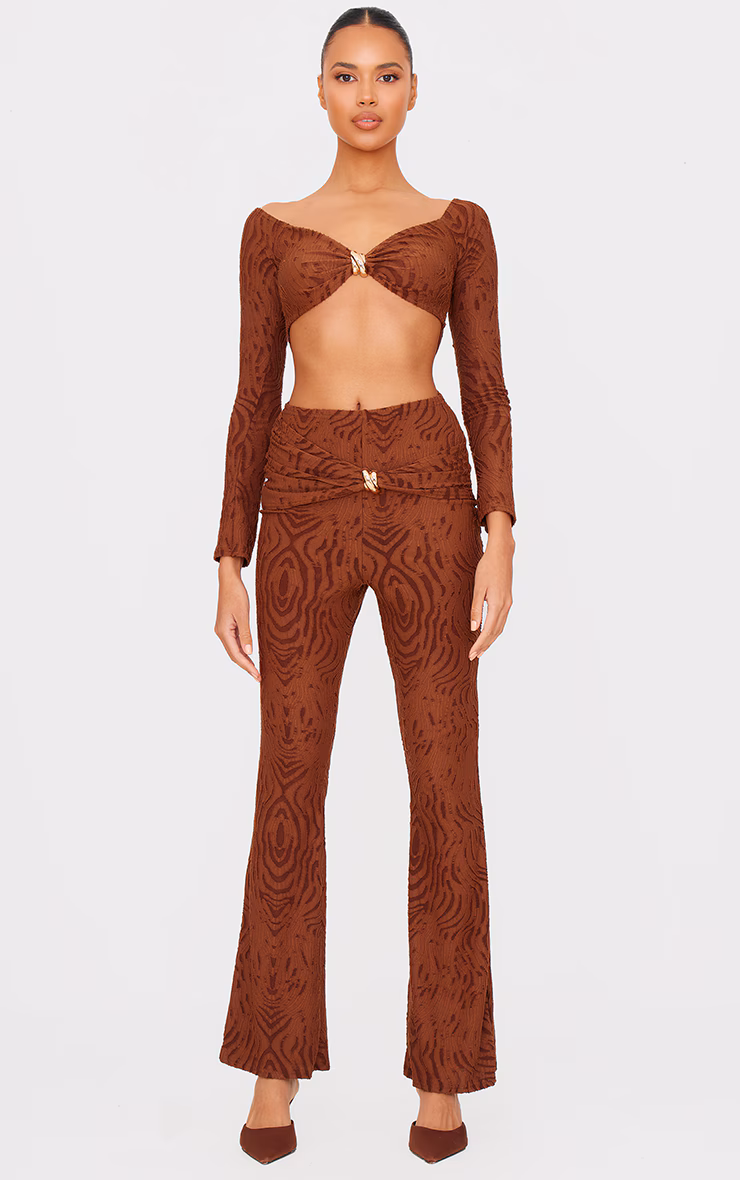 Chocolate Devore Long Sleeve Trim Cut Out Detail Jumpsuit