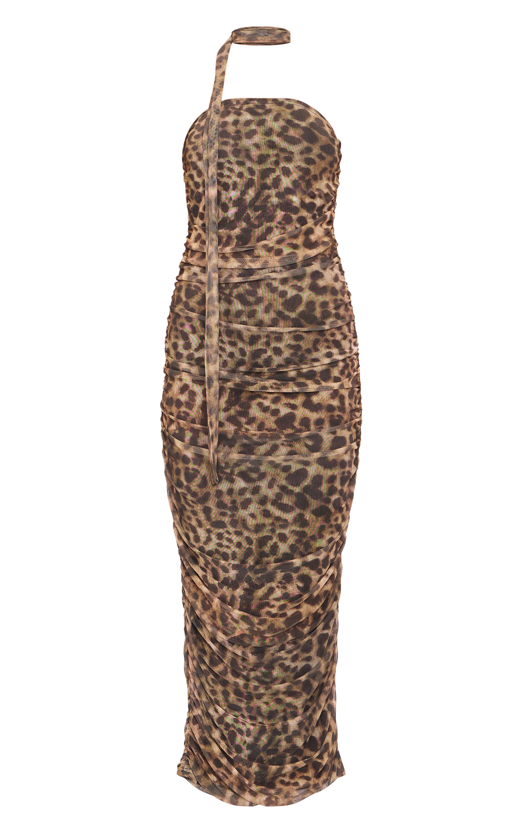 Brown Leopard Print Mesh Bandeau Scarf Maxi Dress