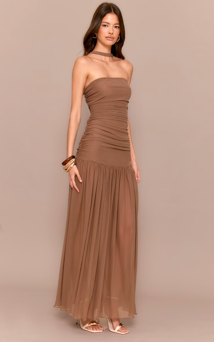 Chocolate Ruched Scarf Dropped Waist Maxi Dress