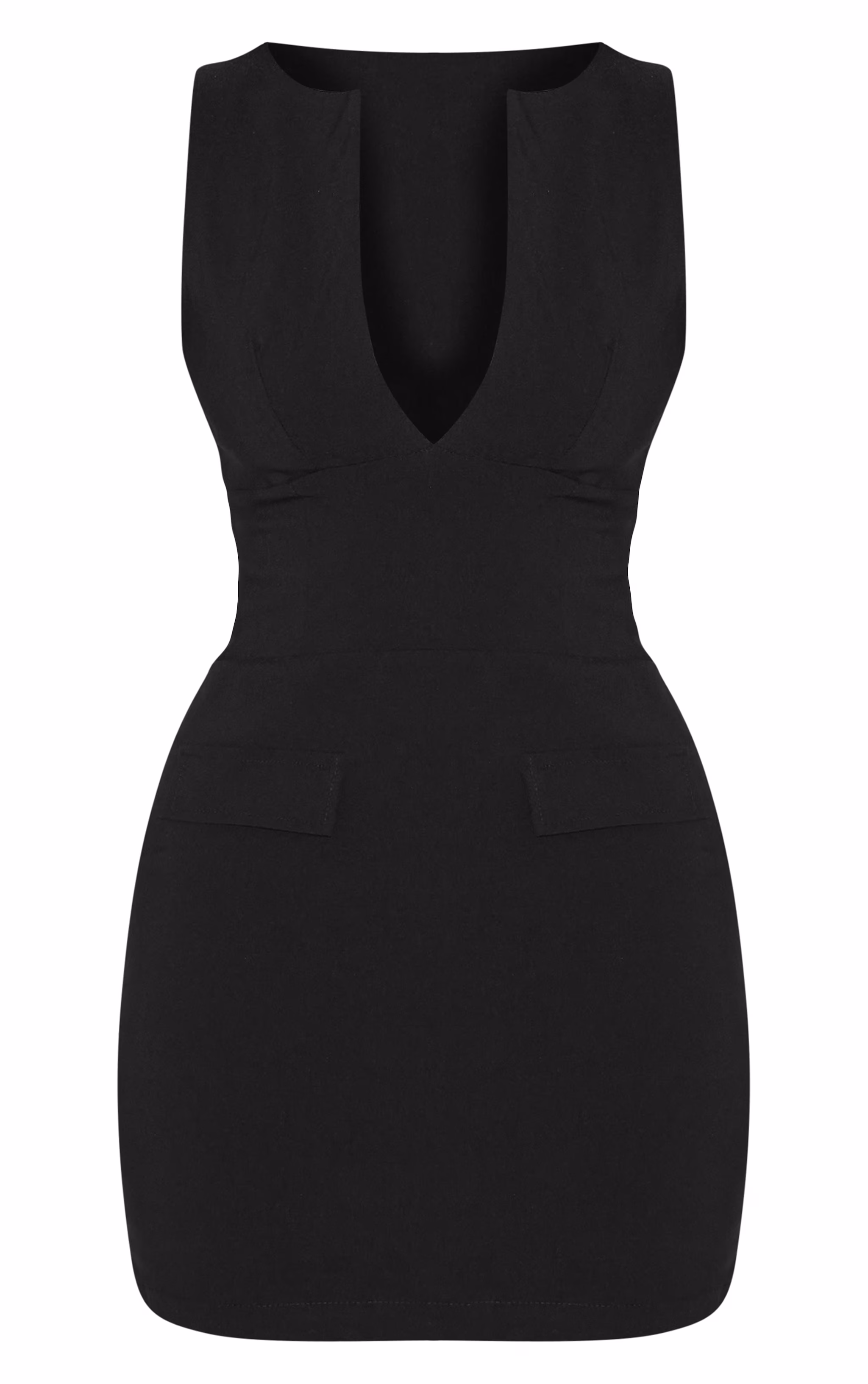 Black Tailored V Neck Pleated Shift Dress