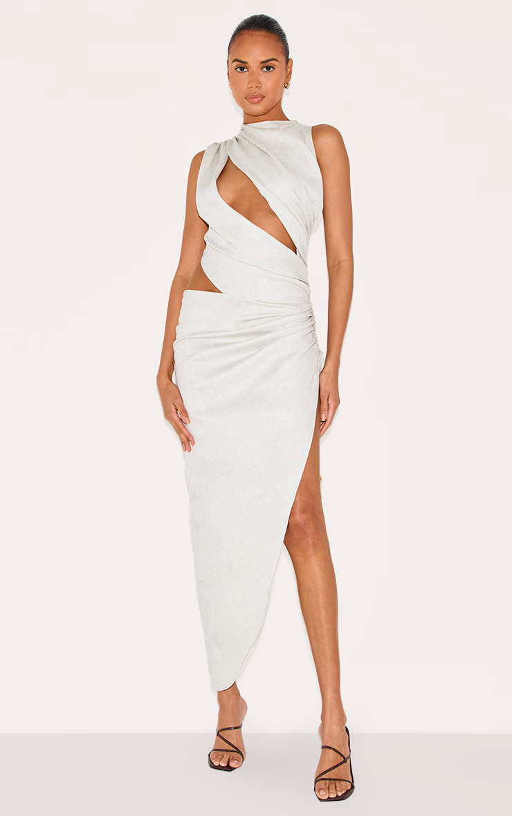 PLT Label Off White Draped Ruched Skirt Midaxi Dress