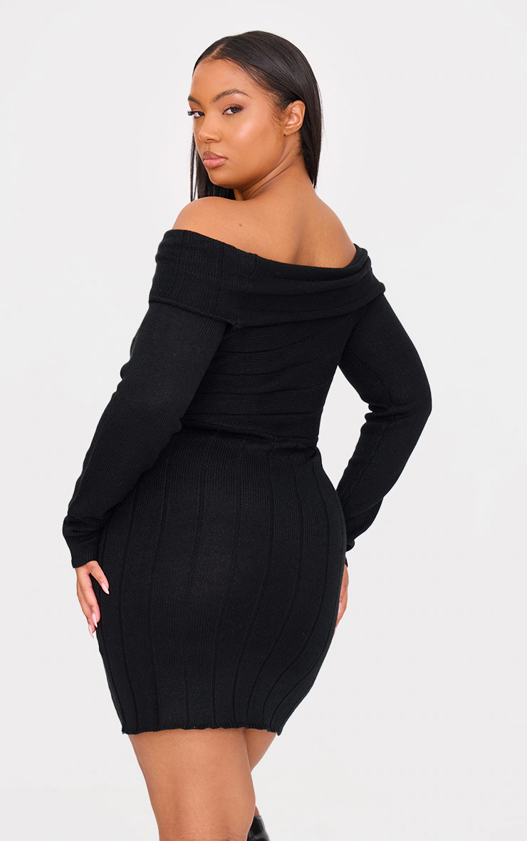 Plus Black Asymmetric Knit Fold Over Mini Dress