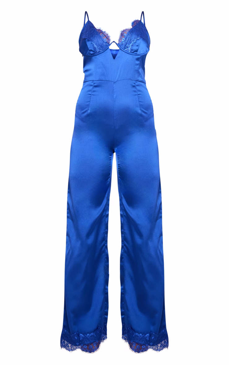 Blue Satin Lace Trim Detail Jumpsuit