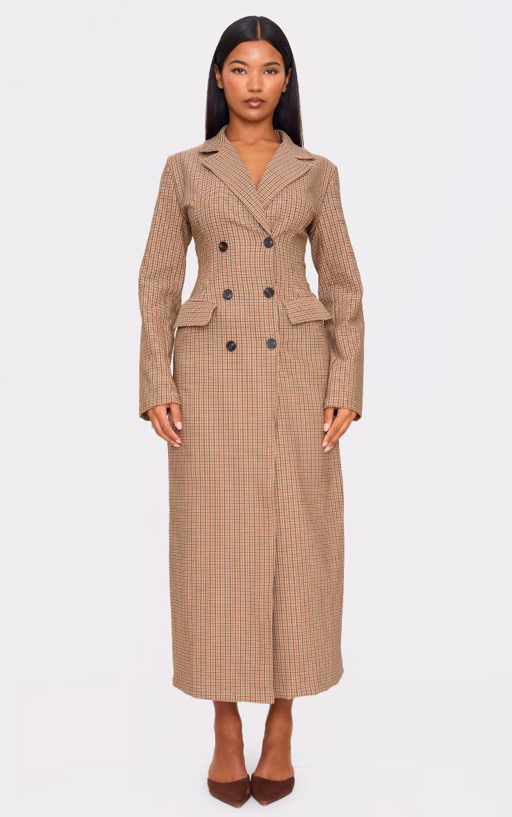 Brown Check Woven Blazer Maxi Dress