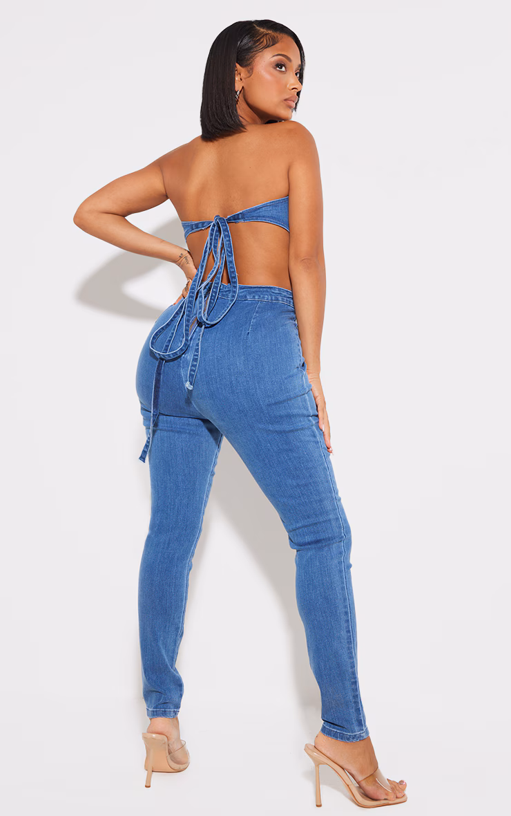 Shape Mid Blue Wash Cup Detail Tie Back Denim Jumpsuit