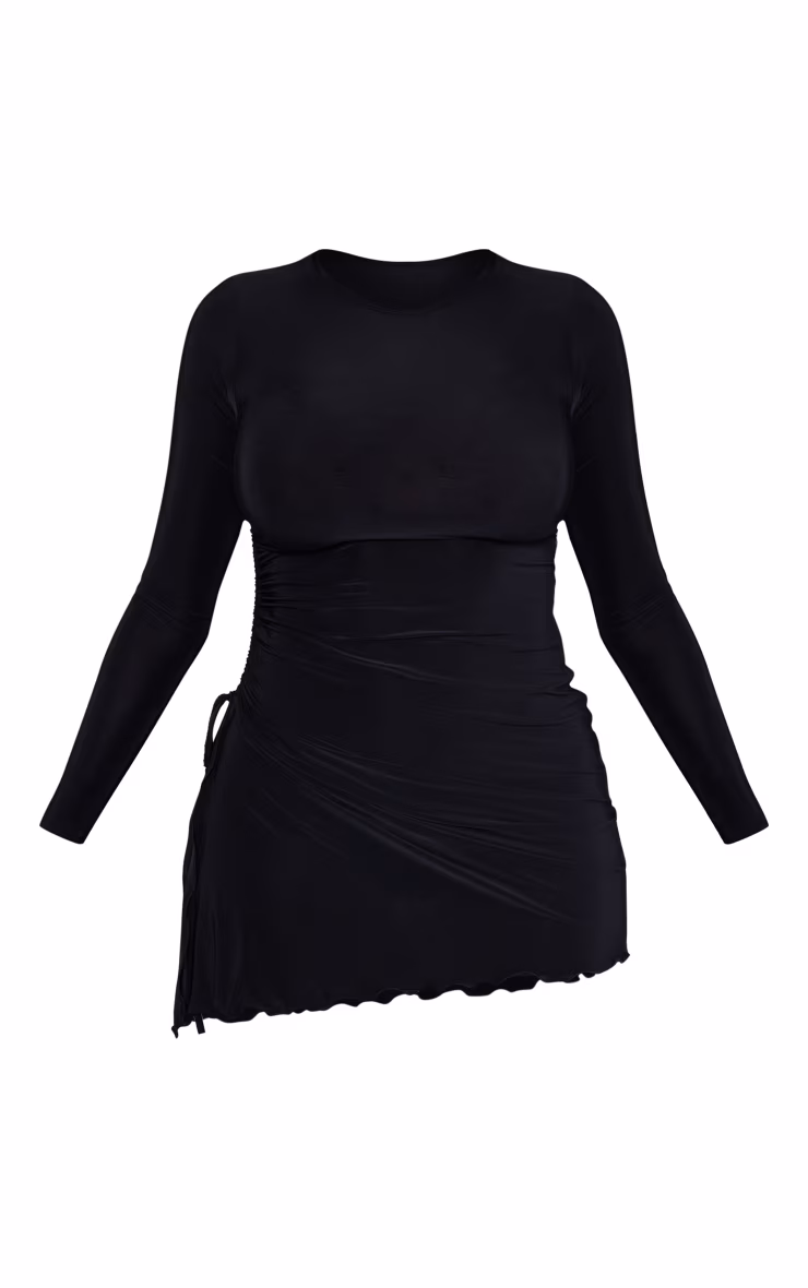 Shape Black Slinky Long Sleeve Ruched Side Frill Hem Bodycon Dress