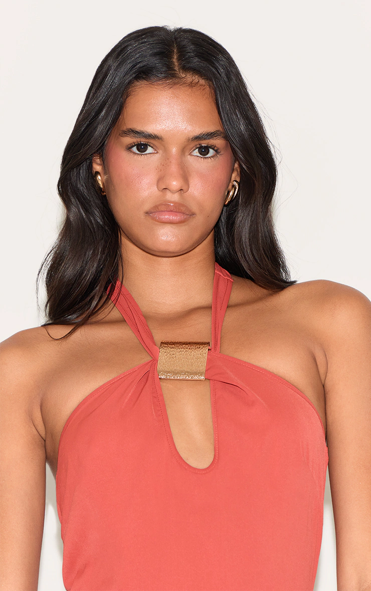 Rust Woven Halter Neck Trim Detail Maxi Dress