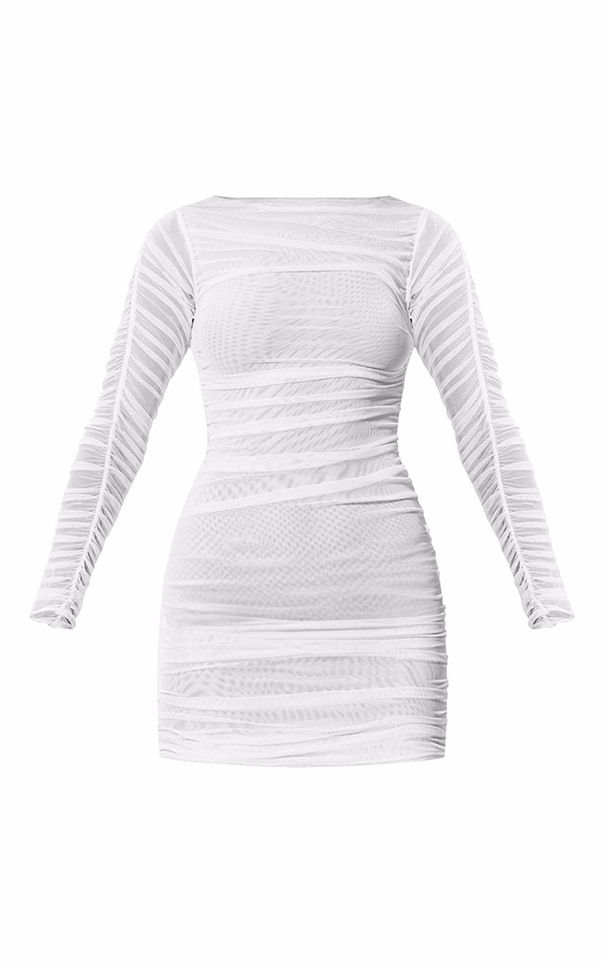 Premium White Double Layer Mesh Ruched Long Sleeve Bodycon Dress