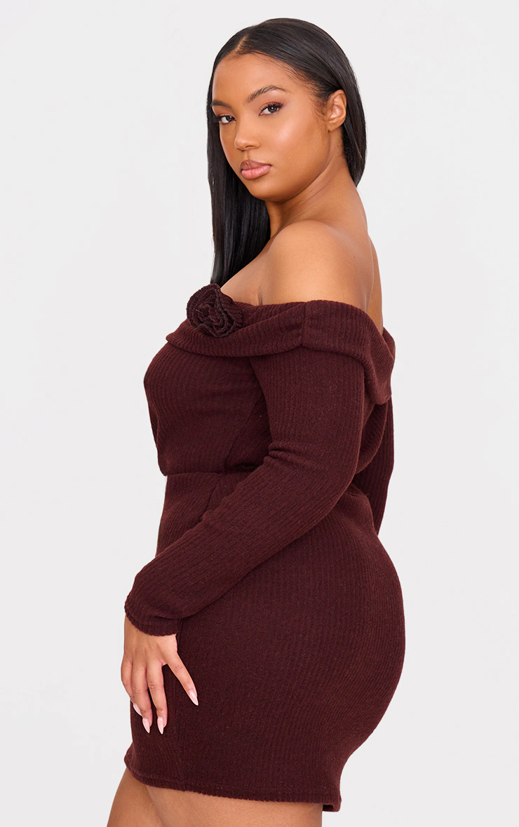 Plus Chocolate Brushed Rib Fold Over Bardot Corsage Detail Bodycon Dress