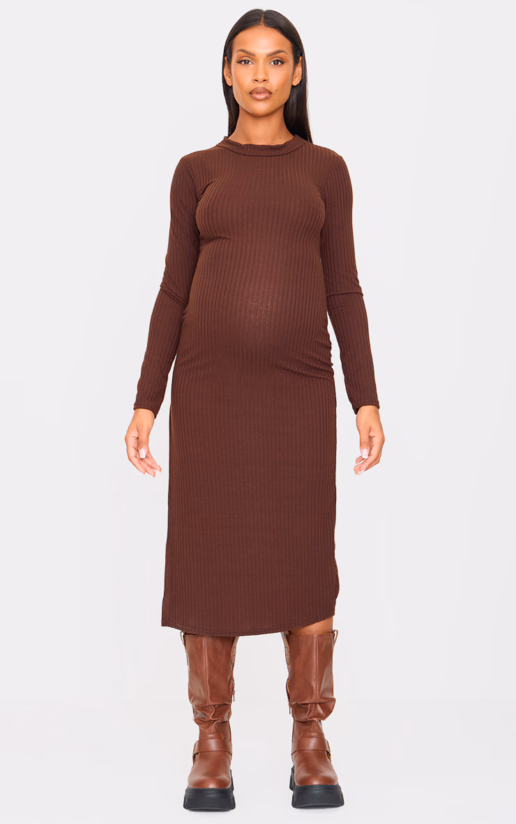 Maternity Dark Chocolate Ribbed Long Sleeve Midi Dress