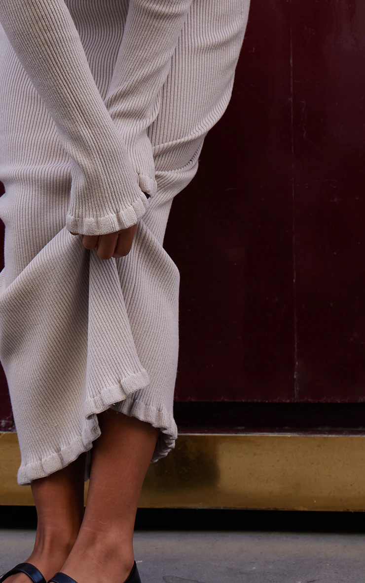 Beige Rib Knit Piquet Hem Maxi Dress