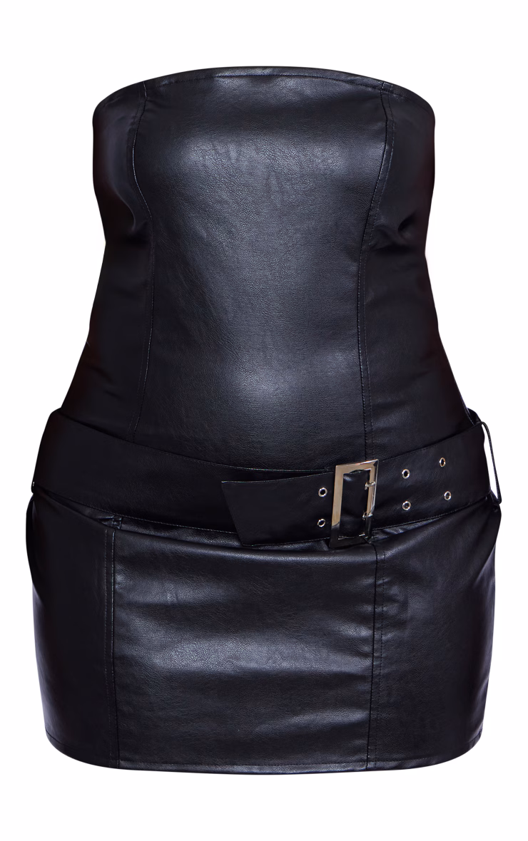 Plus Black Faux Leather Bandeau Belted Mini Dress