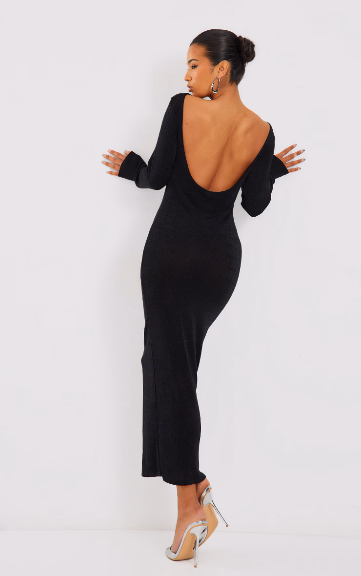 Black Acetate Slinky Long Sleeve Slash Neck Open Back Maxi Dress