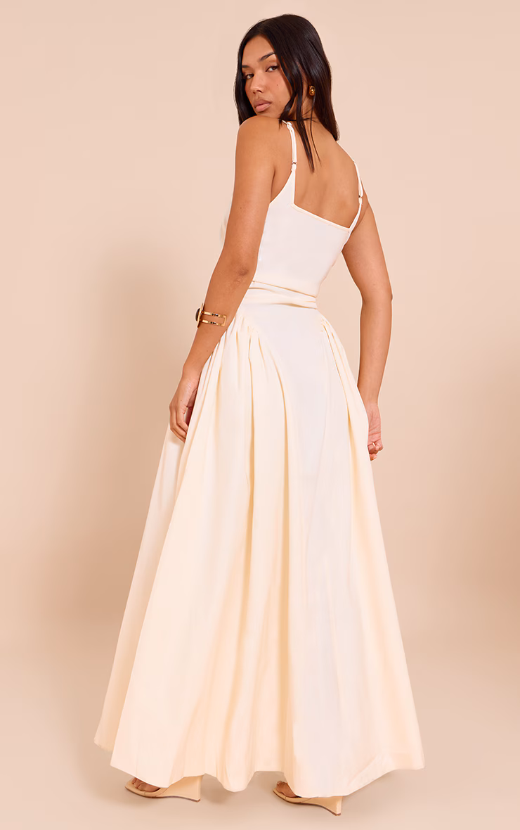 Cream Woven Ruched Strappy Midi Dress