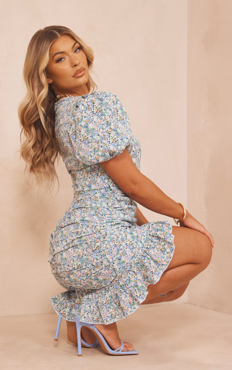 Blue Floral Chiffon Puff Sleeve Ruched Bodycon Dress