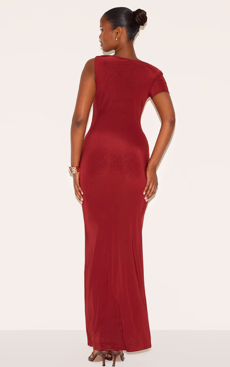Wine Double Layer Slinky Knot Shoulder Cap Sleeve Maxi Dress
