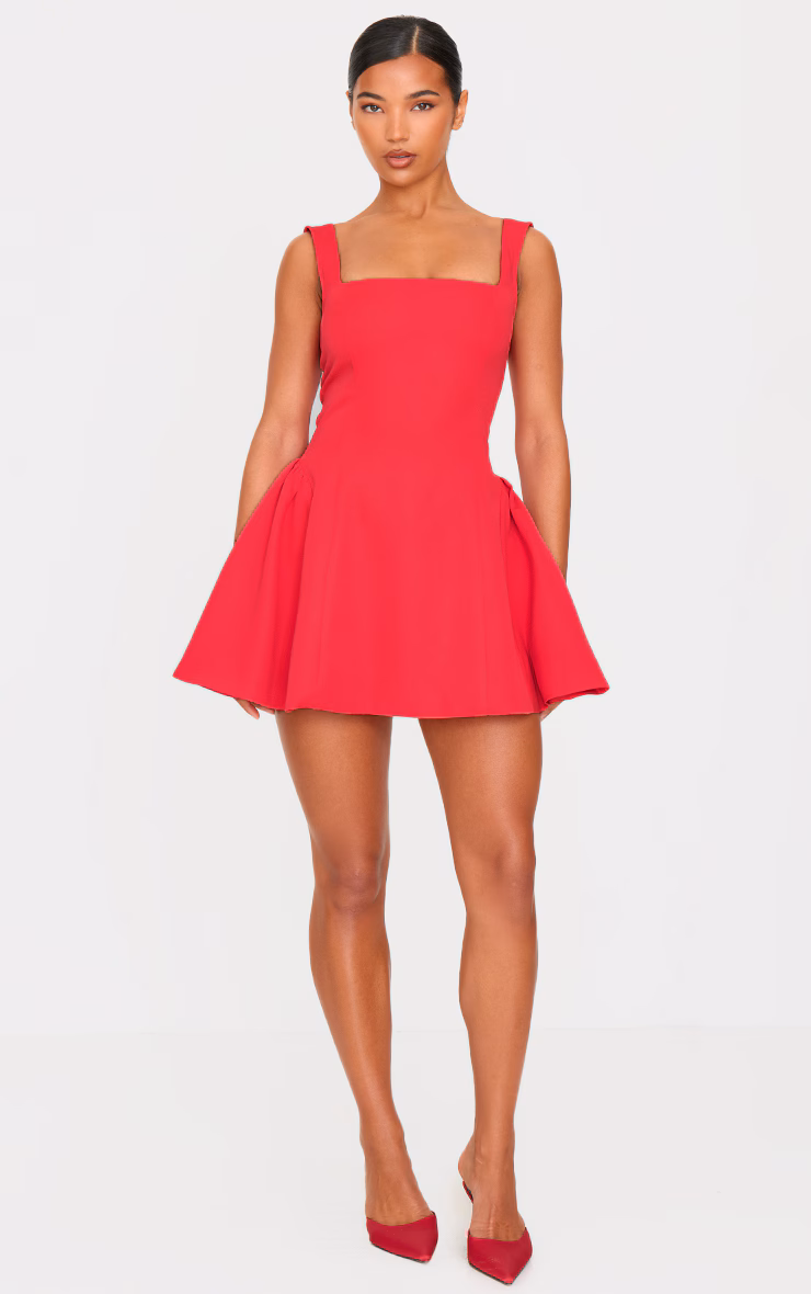 Red Hip Pleated Shift Dress