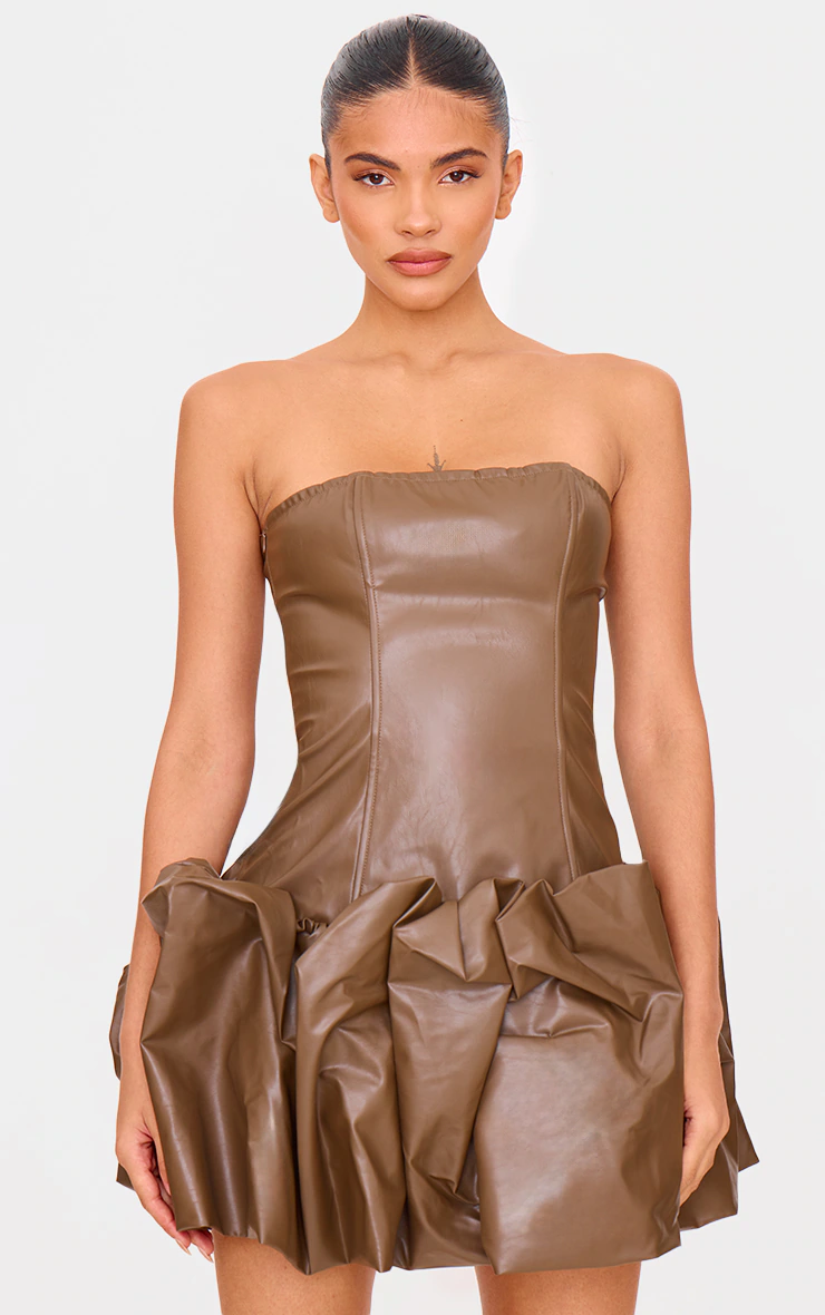 Brown Faux Leather Bandeau Puffball Mini Dress