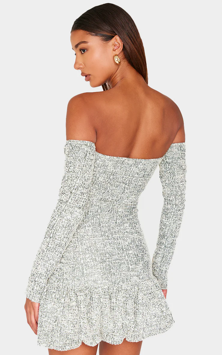 Khaki Bardot Boucle Puffball Mini Dress