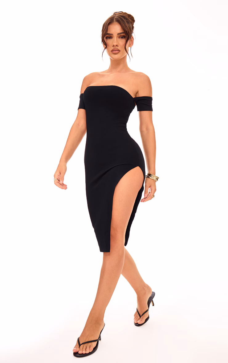 Black Cuff Detail Side Split Midi Dress