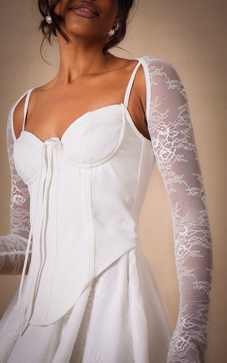 Premium White Lace Long Sleeve Cup Detail Dress