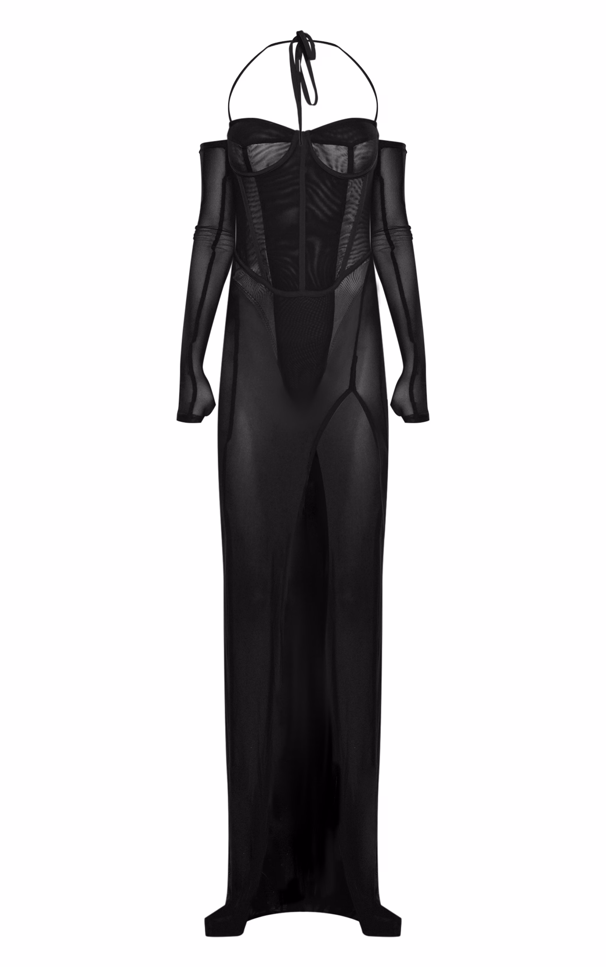 Black Mesh Panelled Corset Maxi Dress