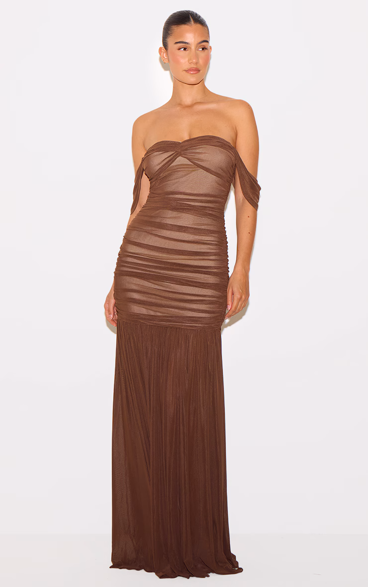 Chocolate Mesh Bardot Ruched Detail Maxi Dress