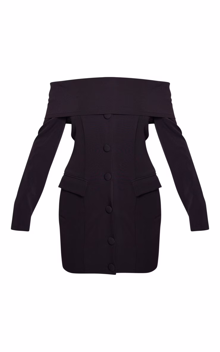 Black Off Shoulder Button Front Shift Blazer Dress