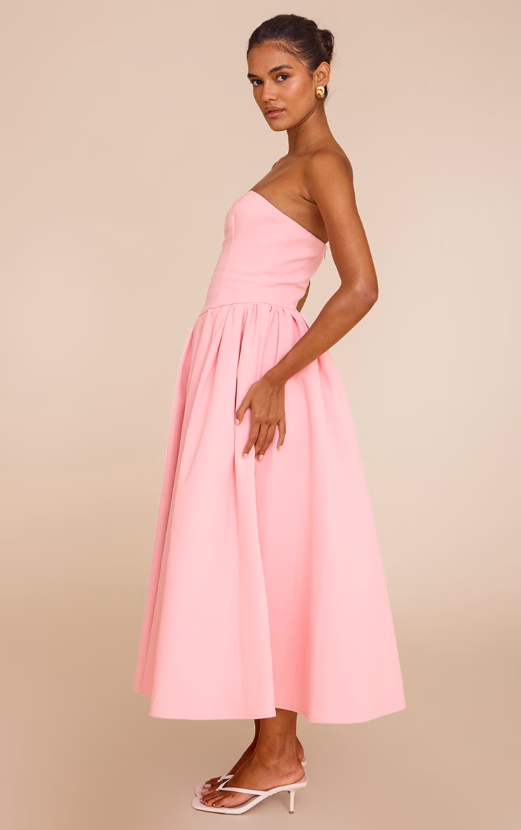 Candy Pink Woven Bandeau Ruched Skater Midaxi Dress