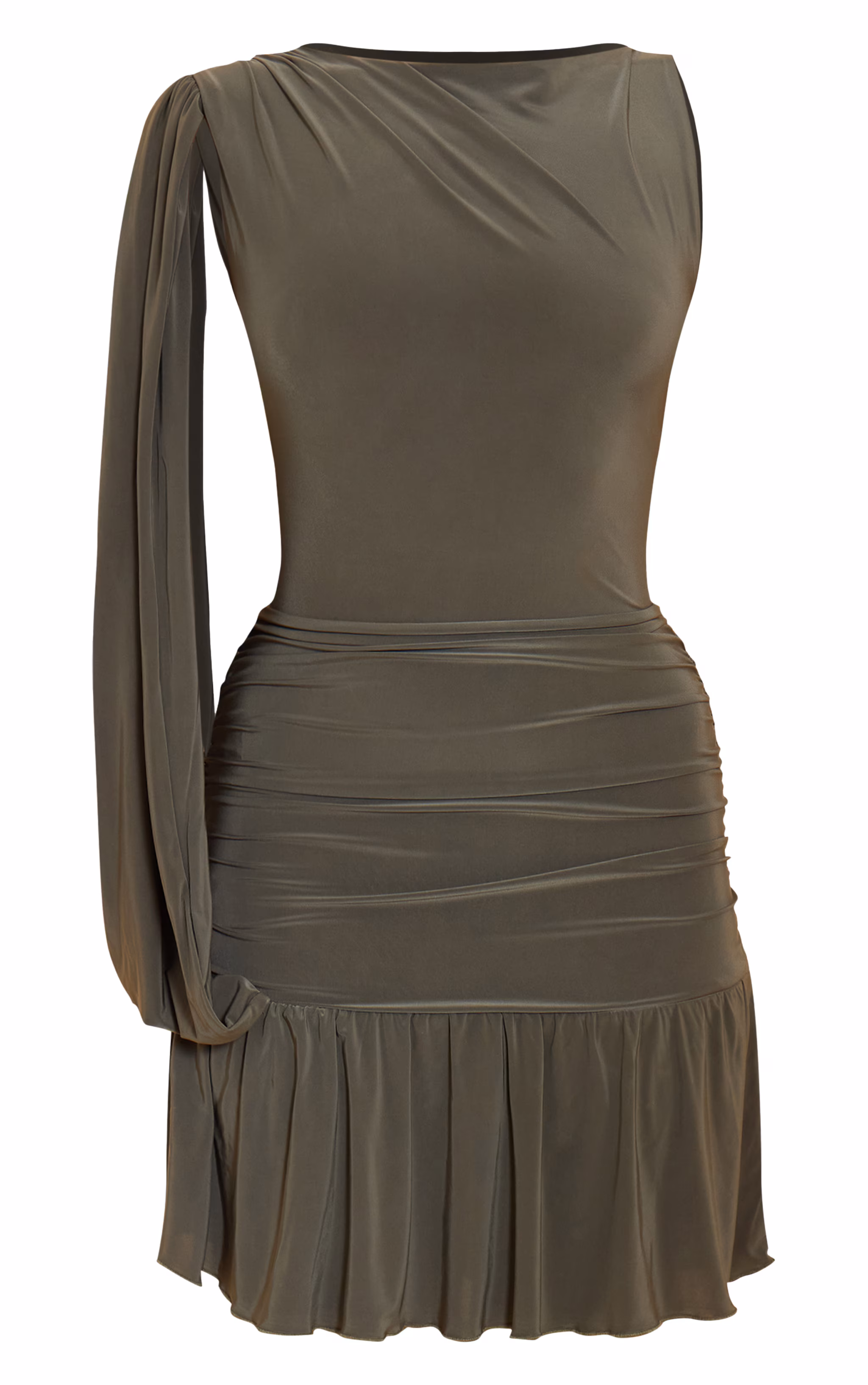 Olive Double Layer Slinky Ruched One Shoulder Mini Dress