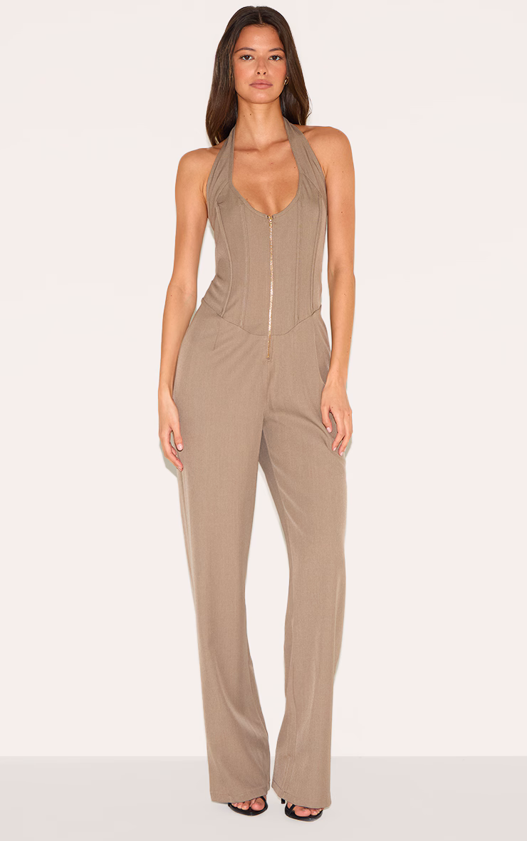 Mushroom Dipped Corset Zip Front Wide Leg Jumpsuit