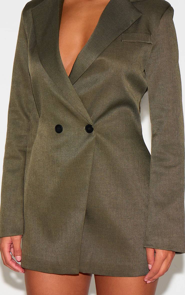 Khaki Woven Double Breasted Cinched Waist Blazer Dress