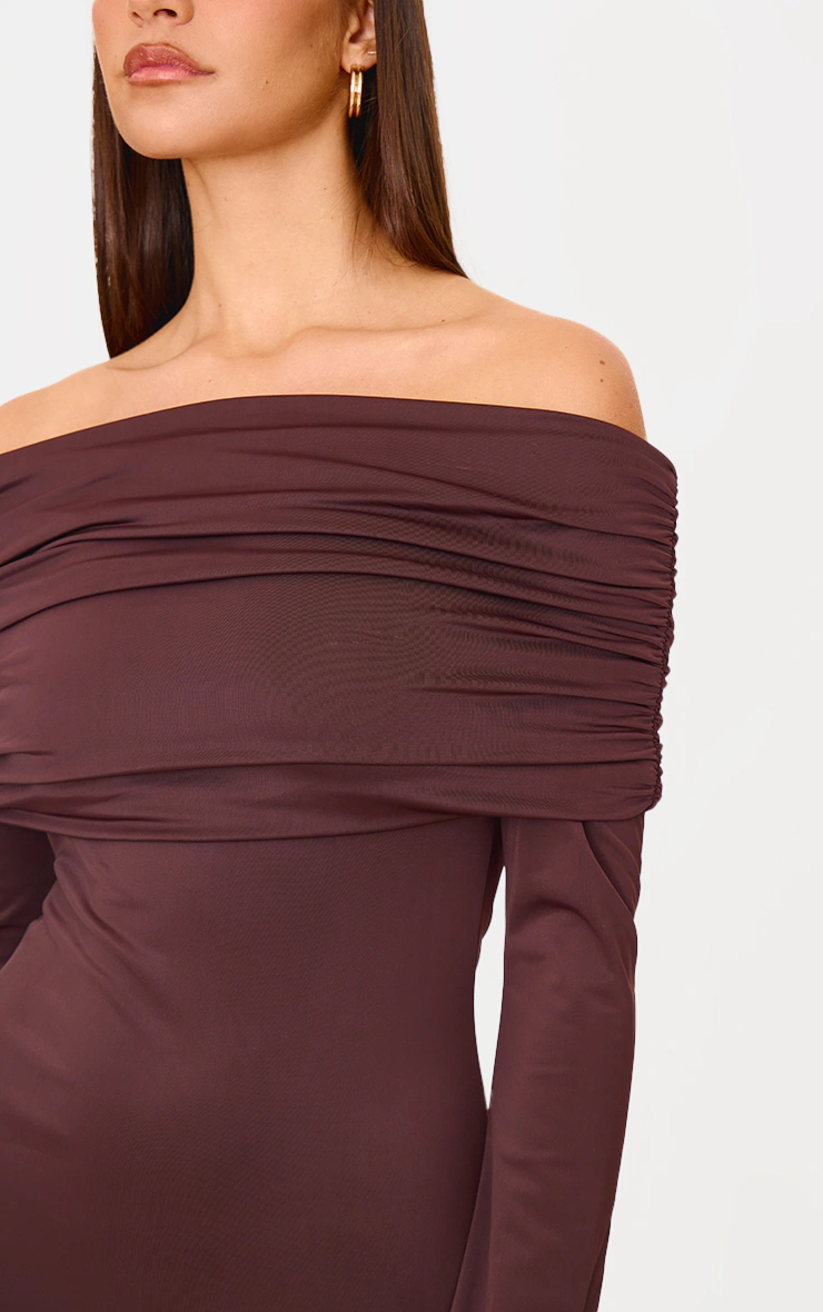 Chocolate Matte Sculpt Double Layer Foldover Bardot Long Sleeve Mini Dress