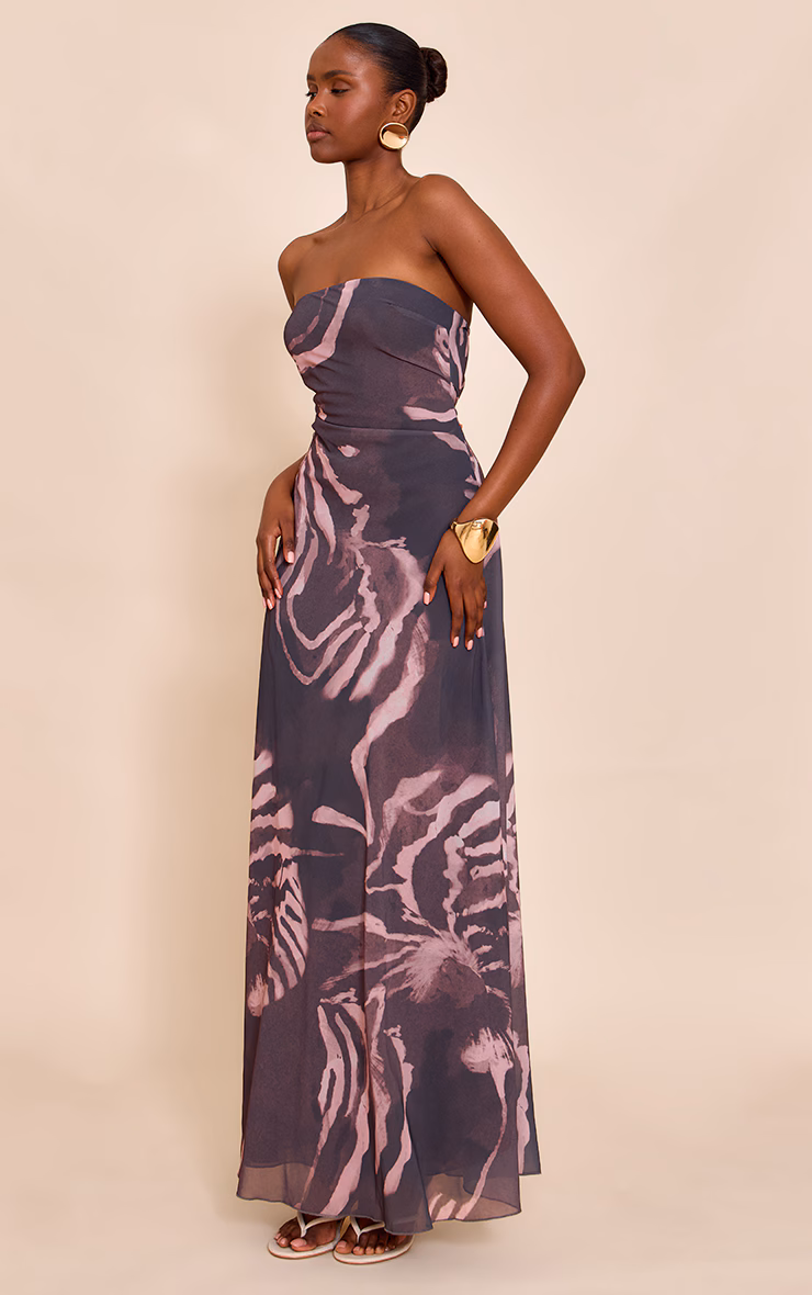 Dark Grey Abstract Printed Chiffon Bandeau Maxi Dress