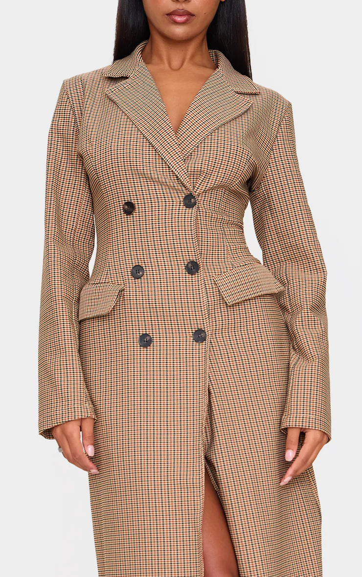Brown Check Woven Blazer Maxi Dress