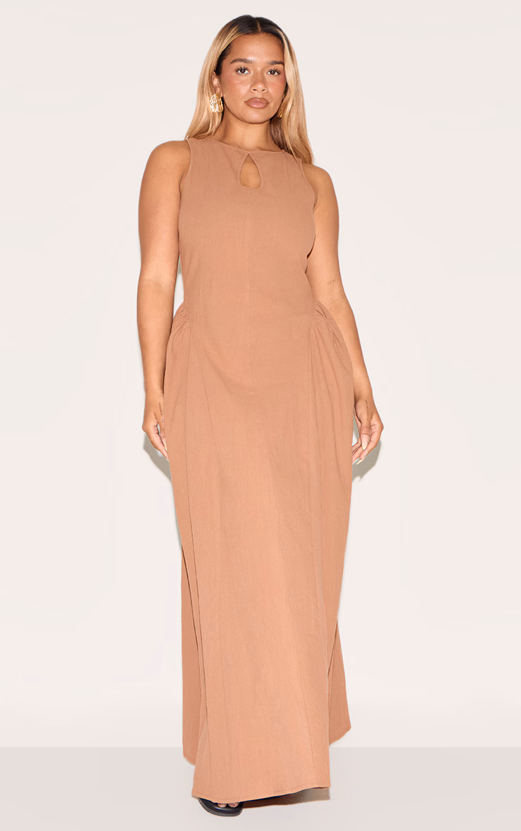 Shape Mocha Linen Look Key Hole Maxi Shift Dress