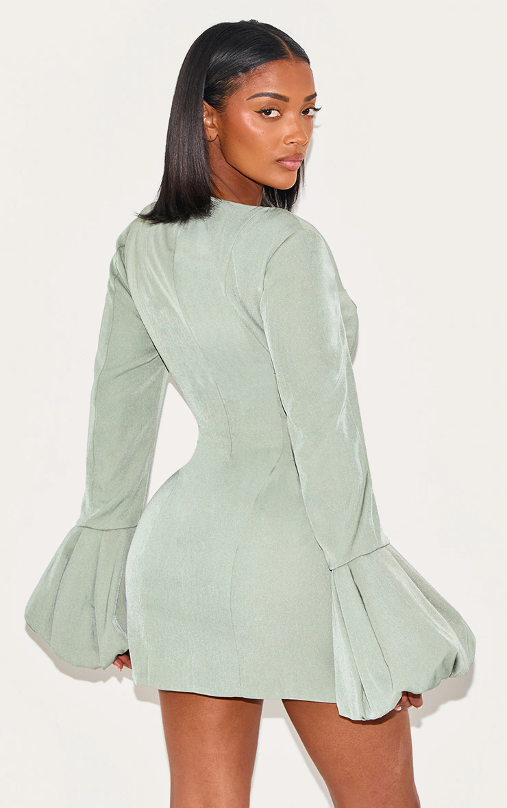 Shape Olive Woven Square Neck Puffball Sleeve Mini Dress