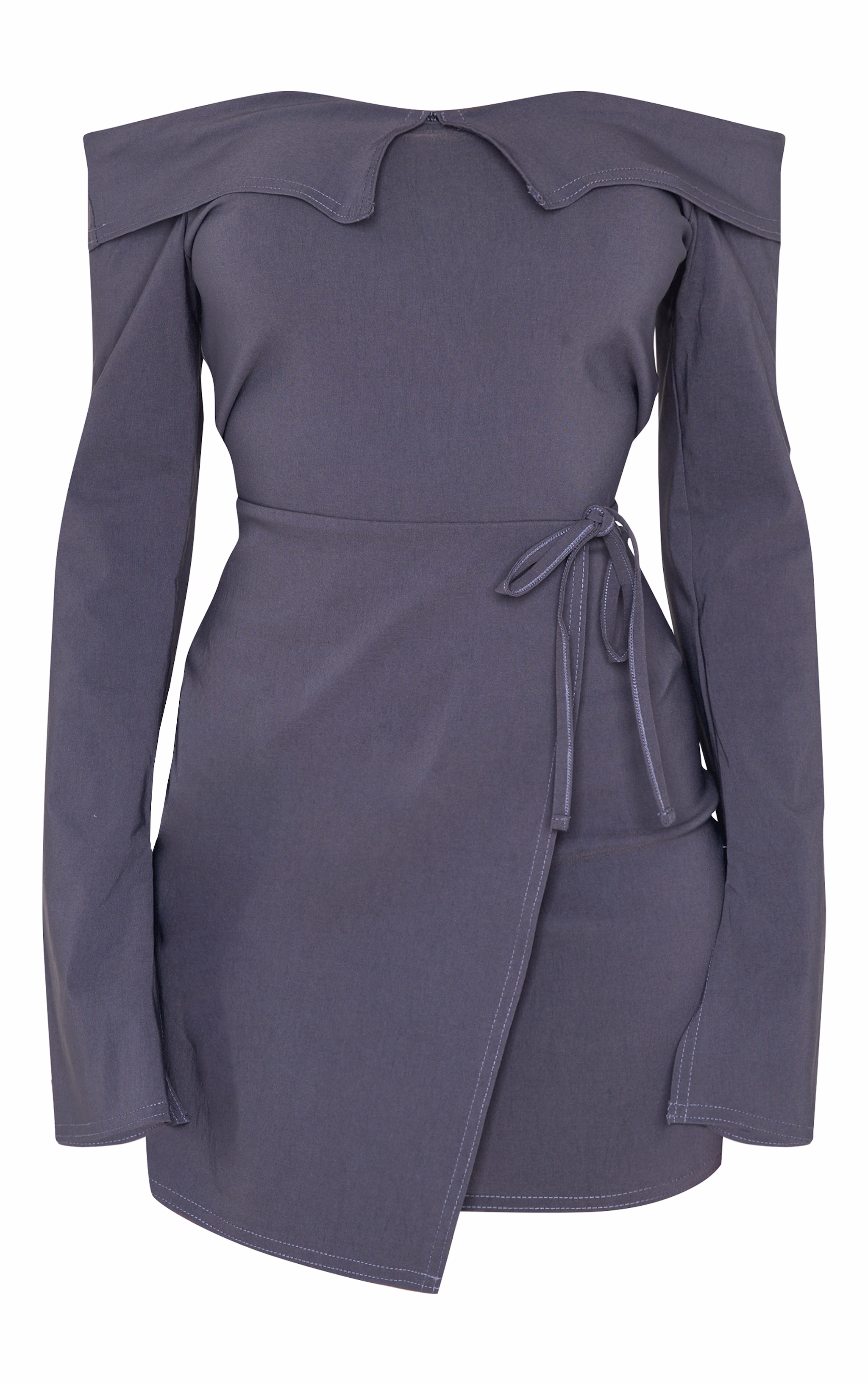 Charcoal Stretch Woven Fold Bardot Wrap Dress