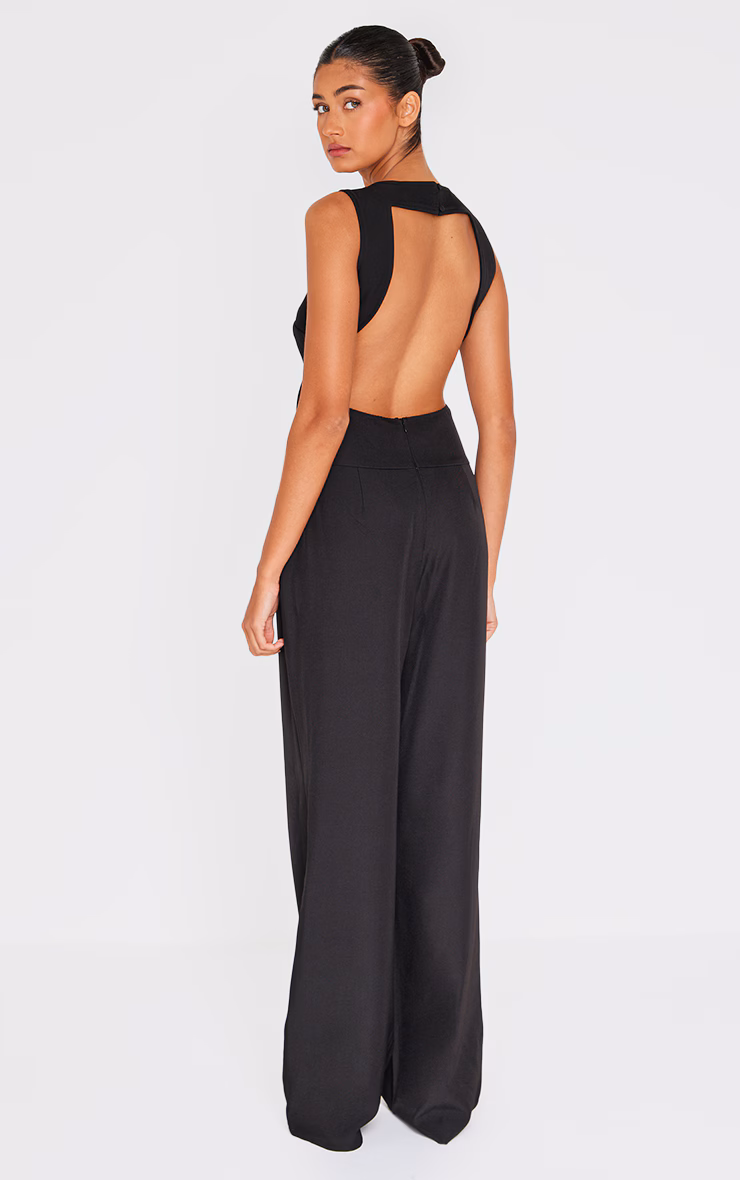 Black Structured Woven Vest Detail Straight Leg Jumpsuit