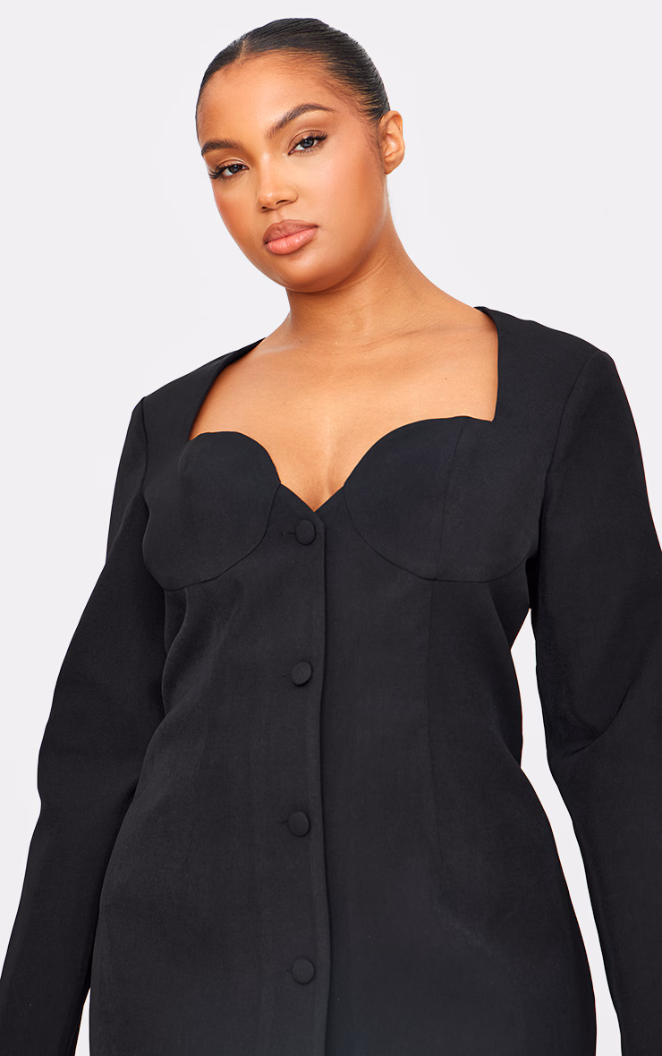 Plus Black Premium Woven Cup Detail Long Sleeve Mini Dress