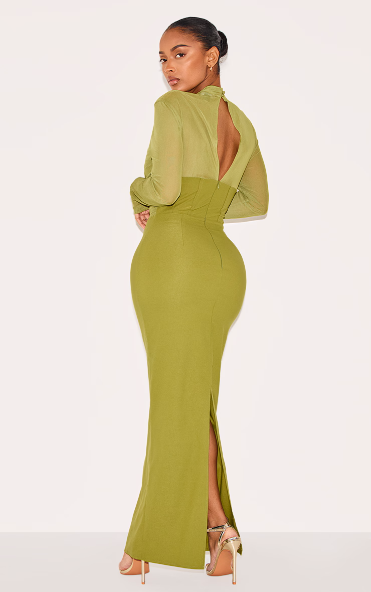 Shape Green Mesh Long Sleeve Ruched Corset Maxi Dress