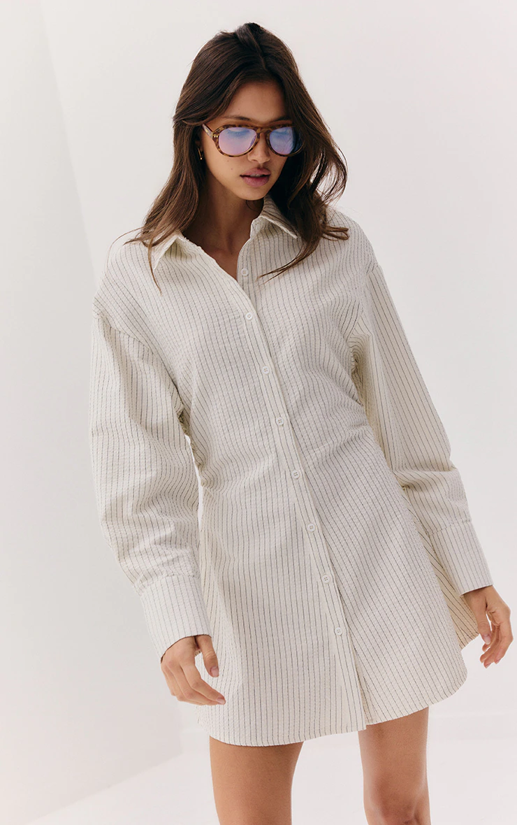 Cream Pinstripe Seersucker Cinched Waist Shirt Dress