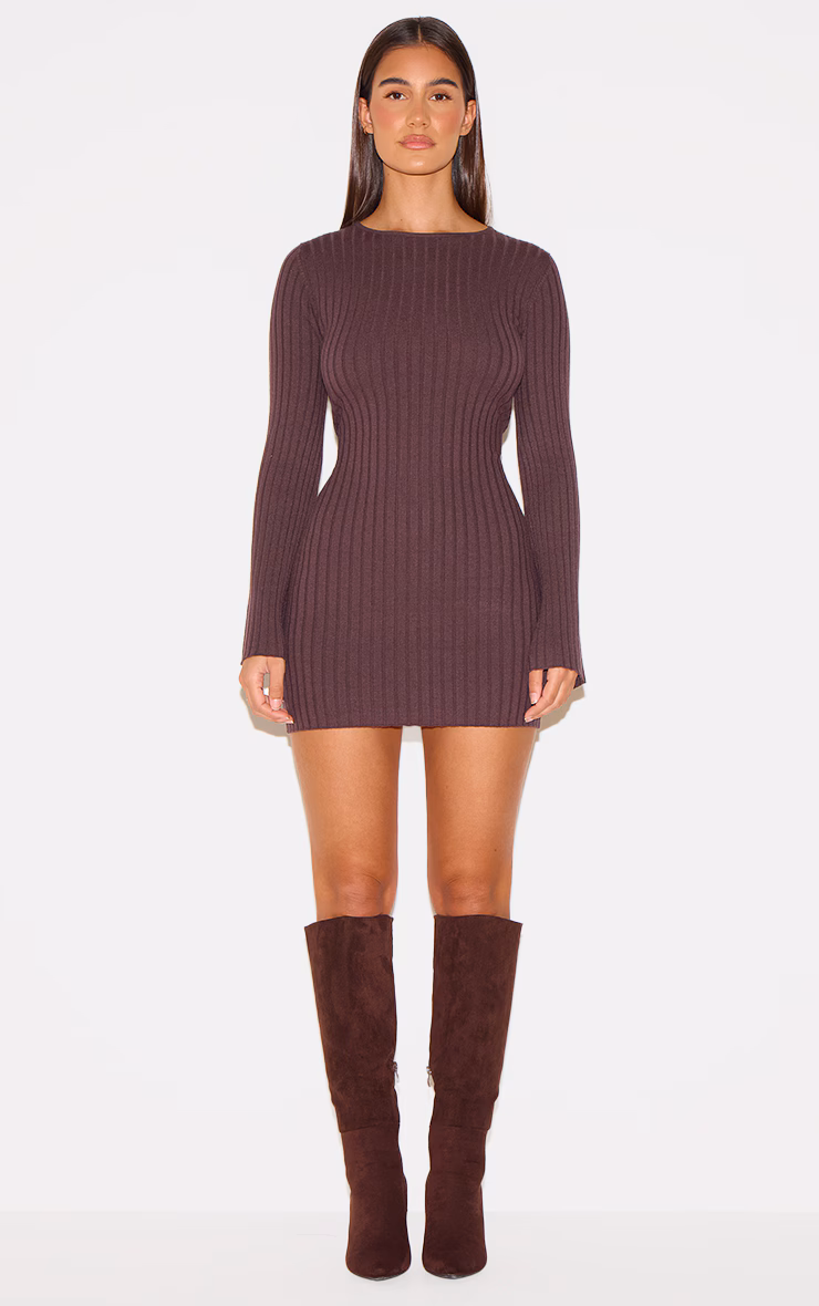 Chocolate Ribbed Knit Mini Dress
