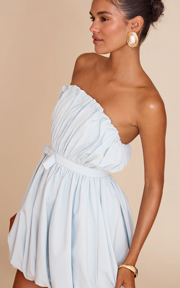Light Blue Bow Detail Puffball Mini Dress